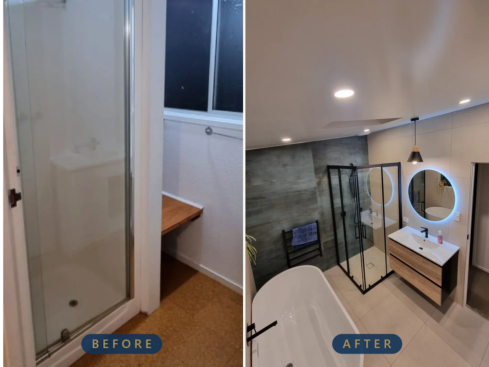 Before and after of an Auckland bathroom retiled by Tarara Tiling - dated shower room transformed into a designer bathroom