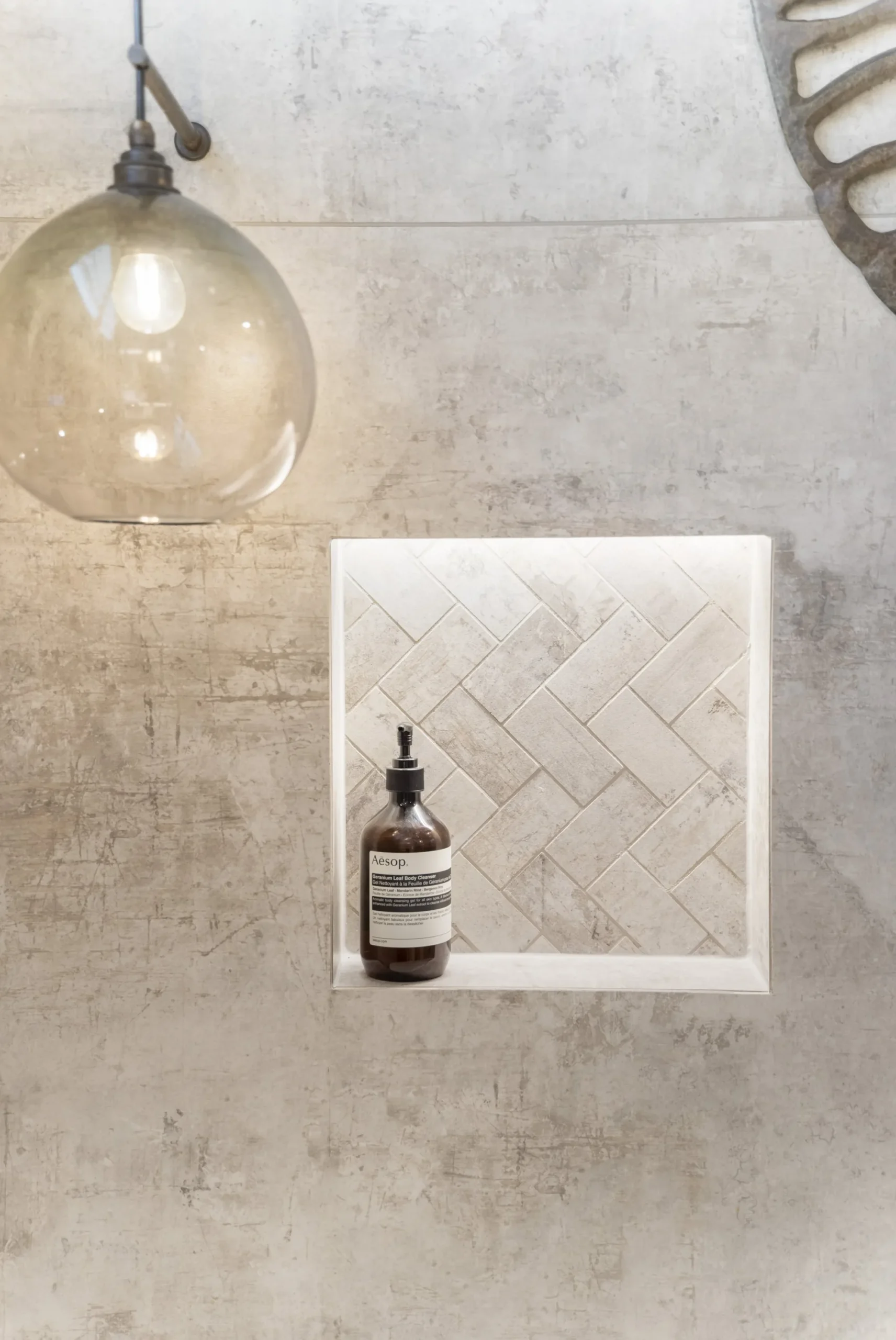 Tiled shower niche with epoxy grout detailing in a Pt Chevalier designer bathroom, Auckland — tiling by Tarara Tiling