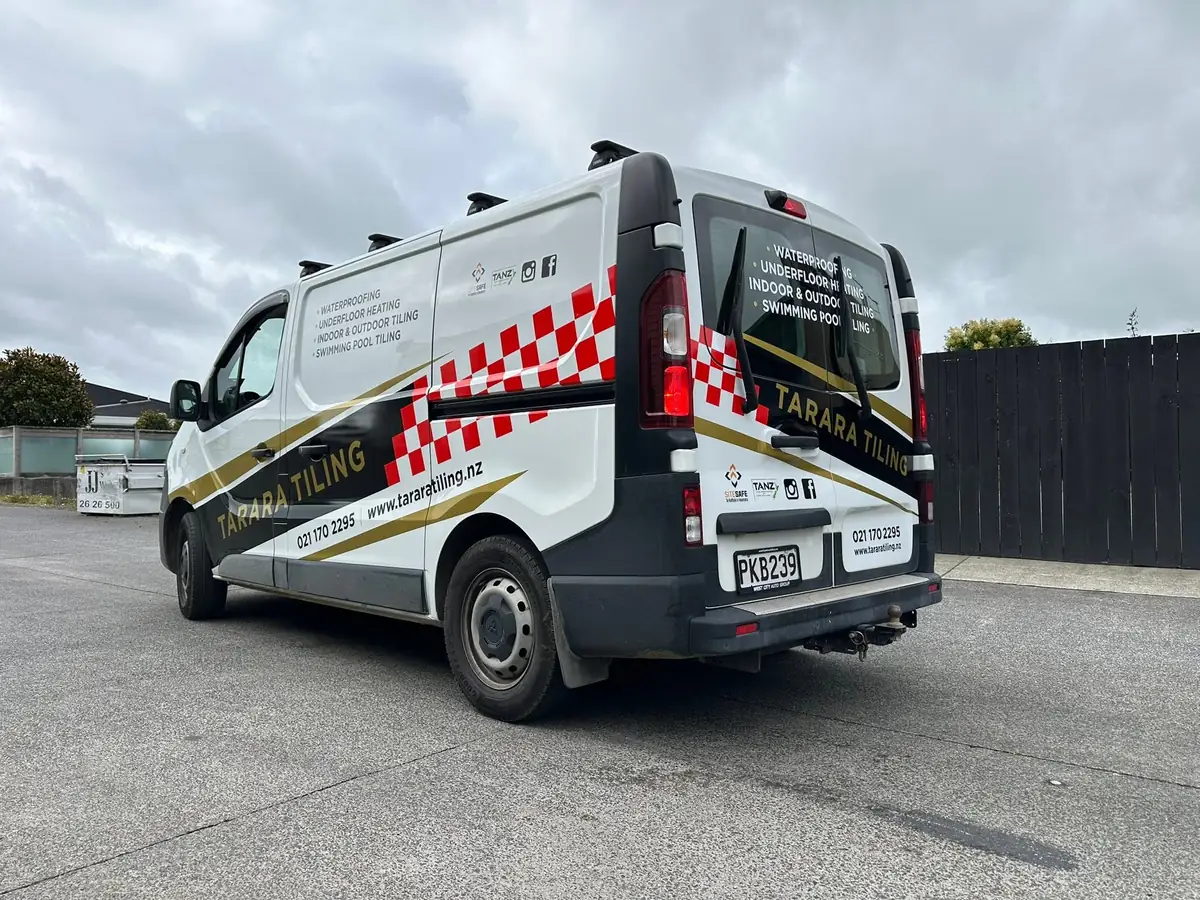 Tarara Tiling van showing TANZ membership and Site Safe certification, Auckland